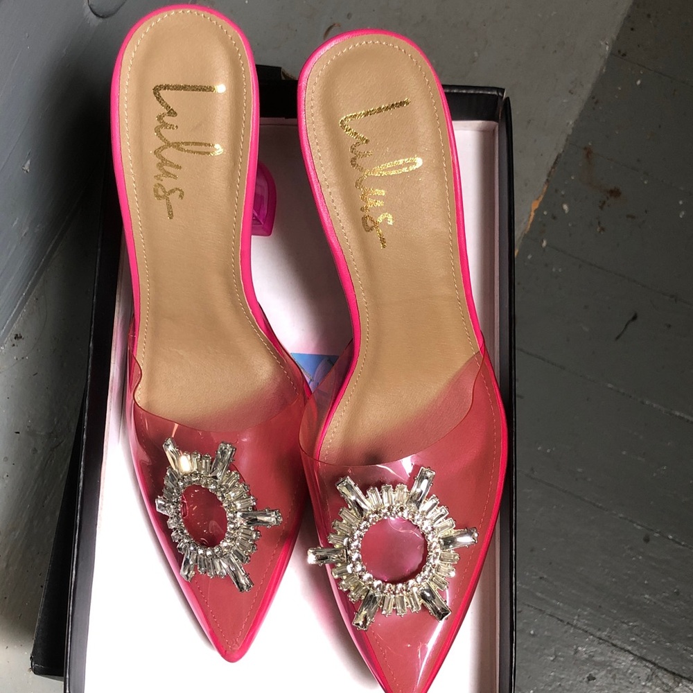 Lulu's Vibrant Pink Heels with Crystal Embellishment
